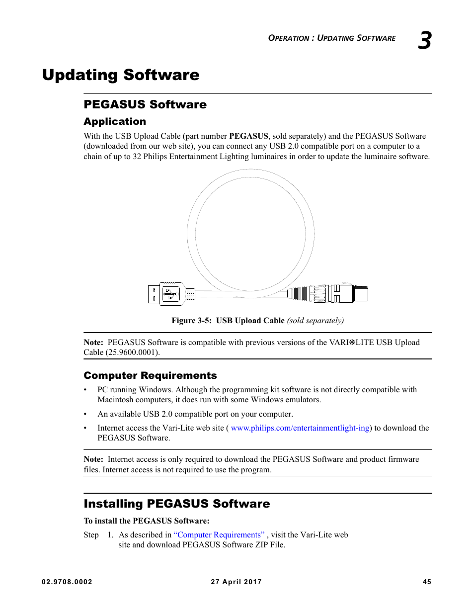 Updating software, Pegasus software, Application | Computer requirements, Installing pegasus software, Application computer requirements | VARI-LITE VL6000 Beam User Manual | Page 63 / 103