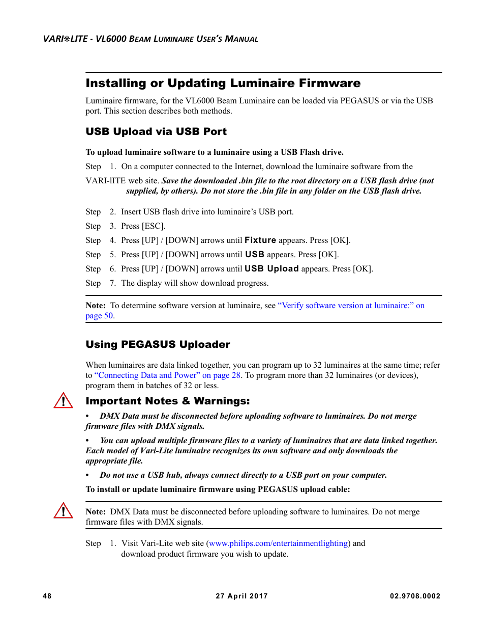 Installing or updating luminaire firmware, Usb upload via usb port, Using pegasus uploader | Important notes & warnings | VARI-LITE VL6000 Beam User Manual | Page 66 / 103