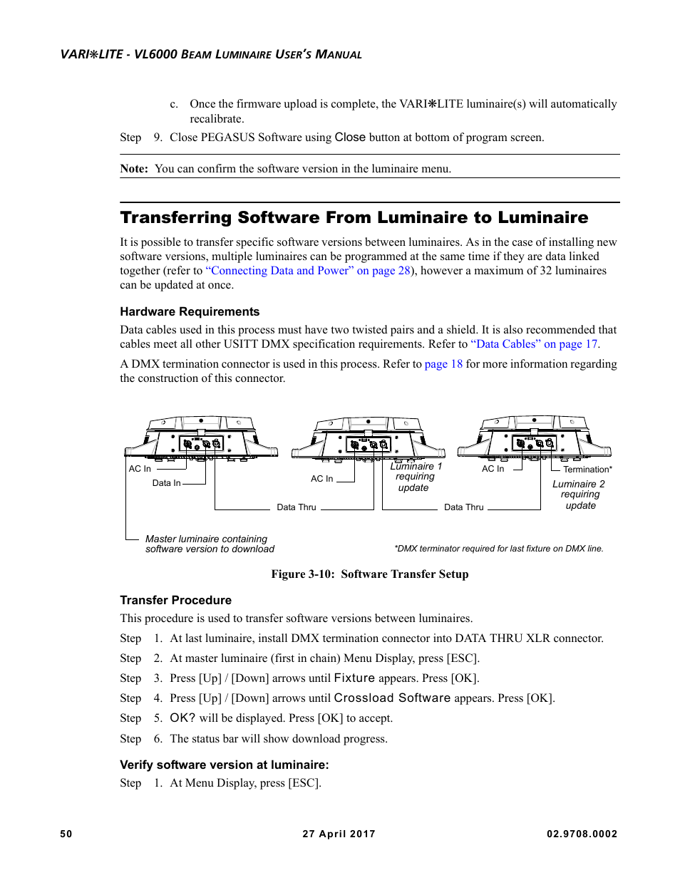 Transferring software from luminaire to luminaire | VARI-LITE VL6000 Beam User Manual | Page 68 / 103