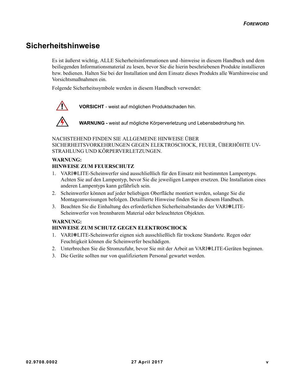 Sicherheitshinweise | VARI-LITE VL6000 Beam User Manual | Page 7 / 103