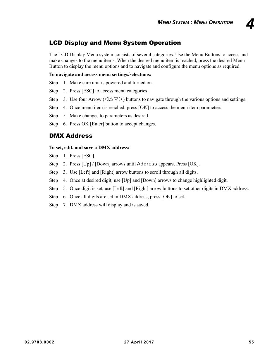 Lcd display and menu system operation, Dmx address, Lcd display and menu system operation dmx address | VARI-LITE VL6000 Beam User Manual | Page 73 / 103