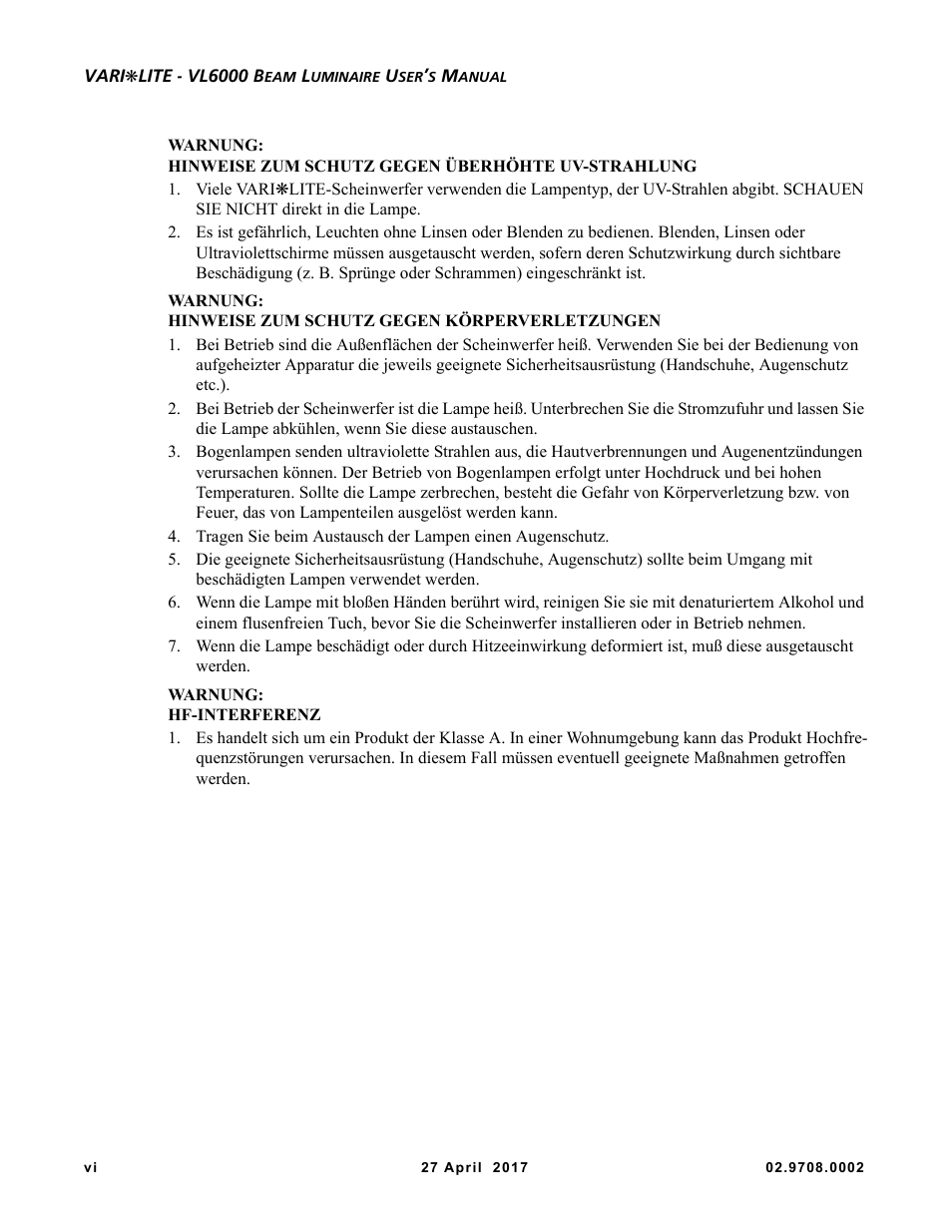VARI-LITE VL6000 Beam User Manual | Page 8 / 103