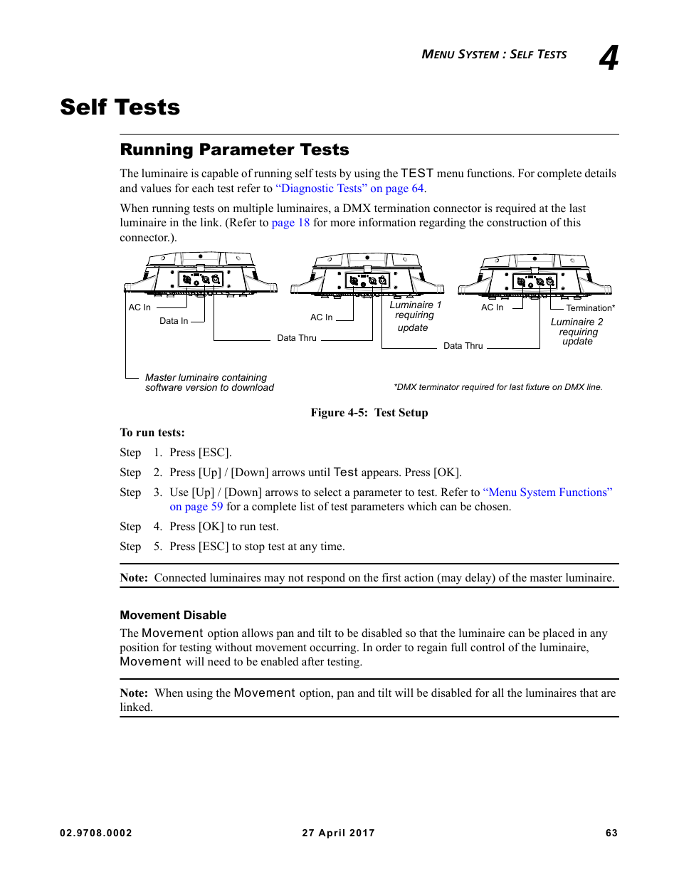 Self tests, Running parameter tests | VARI-LITE VL6000 Beam User Manual | Page 81 / 103