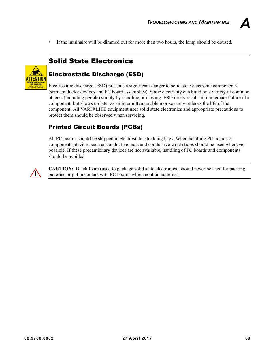 Solid state electronics, Electrostatic discharge (esd), Printed circuit boards (pcbs) | VARI-LITE VL6000 Beam User Manual | Page 87 / 103