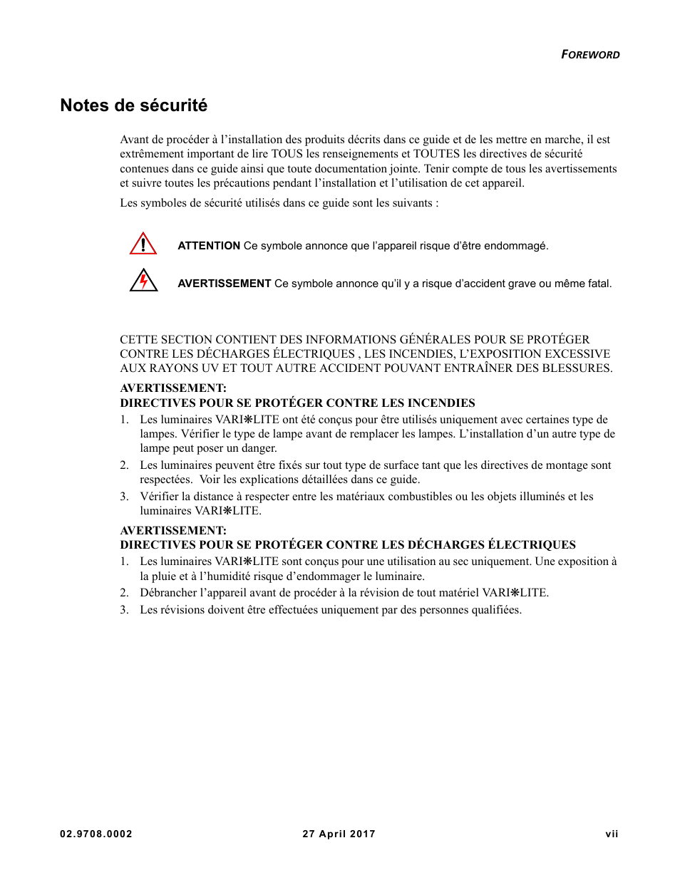 Notes de sécurité | VARI-LITE VL6000 Beam User Manual | Page 9 / 103