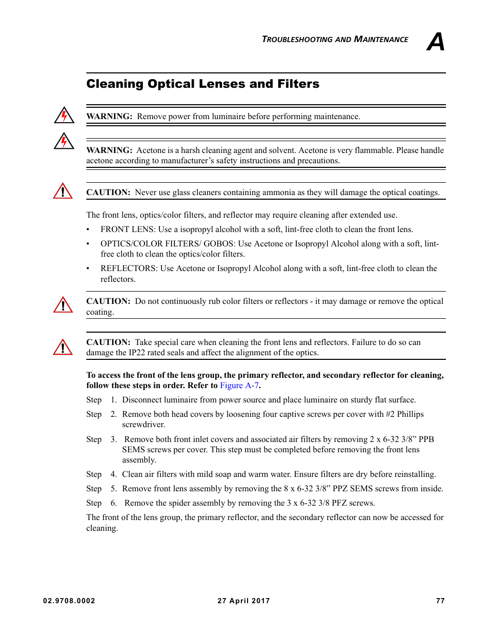 Cleaning optical lenses and filters | VARI-LITE VL6000 Beam User Manual | Page 95 / 103