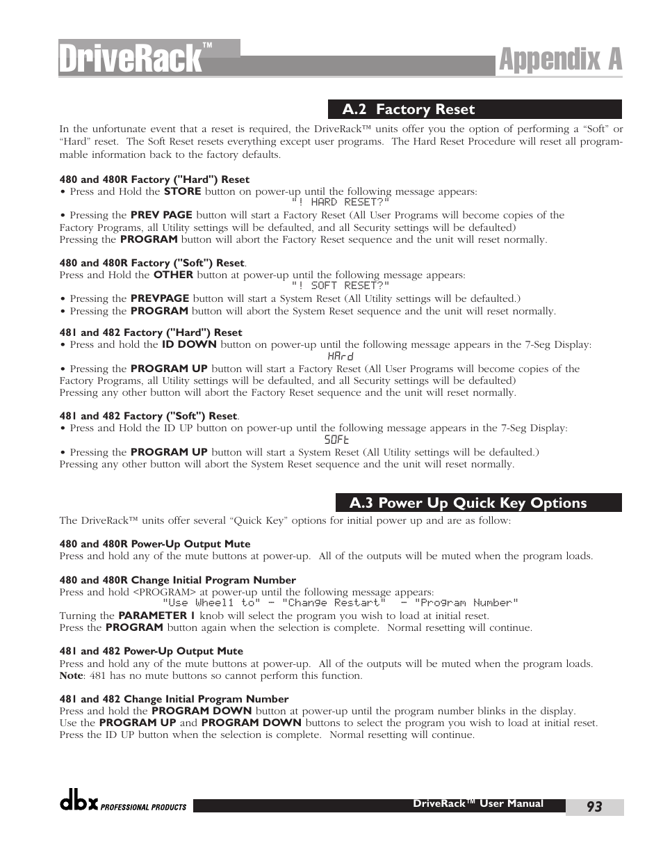 Driverack, Appendix a | dbx Pro 480 User Manual | Page 101 / 117