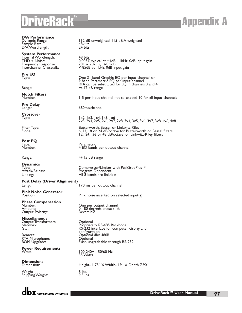 Driverack, Appendix a | dbx Pro 480 User Manual | Page 105 / 117