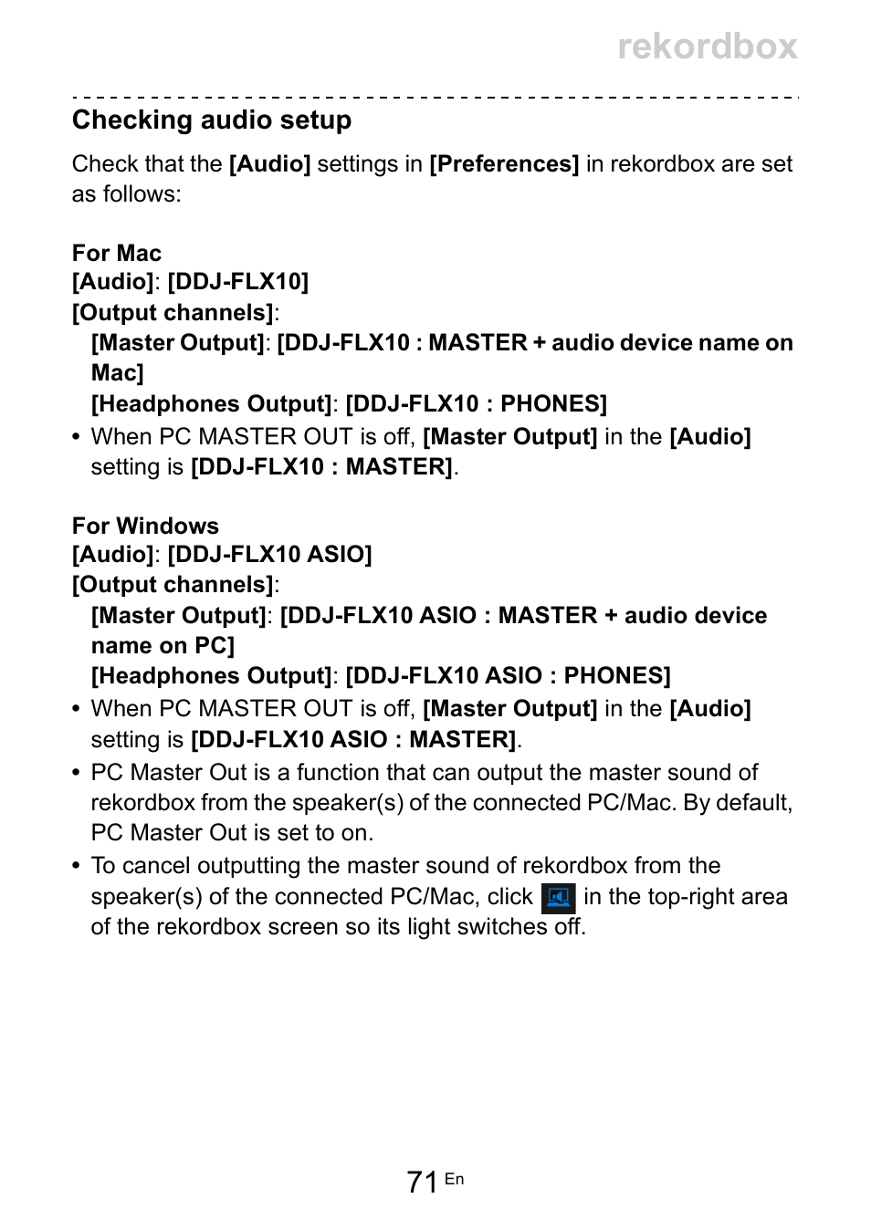 Rekordbox, Checking audio setup | Pioneer Dj DDJ-FLX10 4-Channel DJ Controller for rekordbox and Serato DJ Pro (Black) User Manual | Page 71 / 183