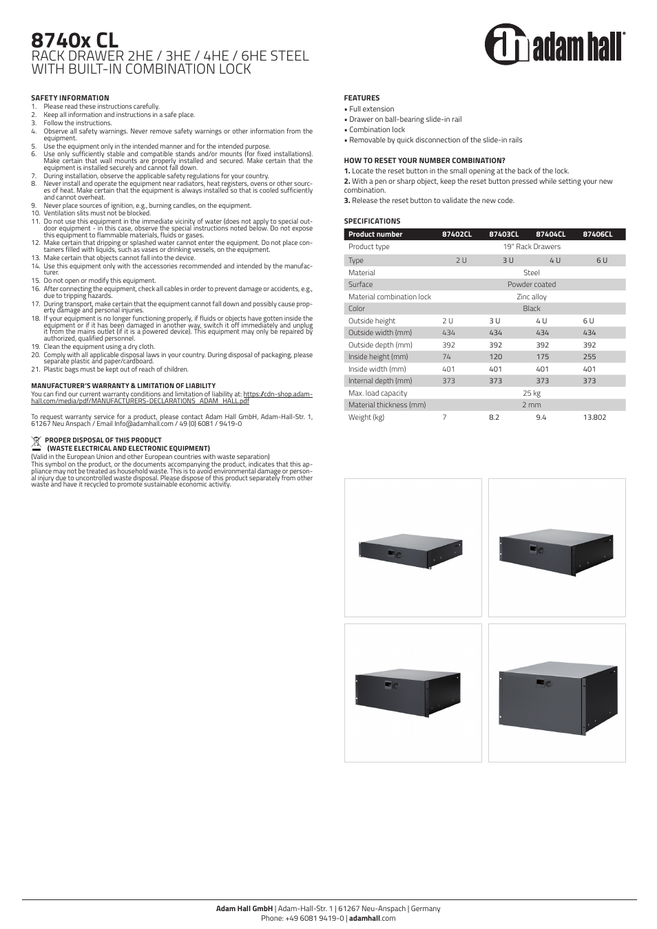Adam Hall 19" Rack Drawer with Built-In Combination Lock (2 RU, Steel) User Manual | 2 pages