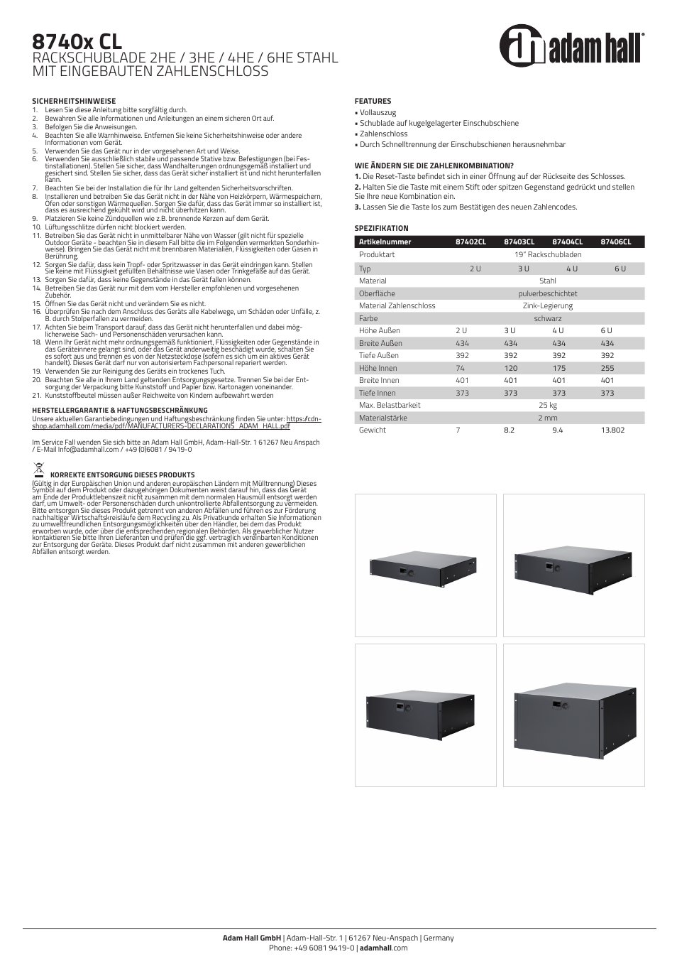 8740x cl | Adam Hall 19" Rack Drawer with Built-In Combination Lock (2 RU, Steel) User Manual | Page 2 / 2
