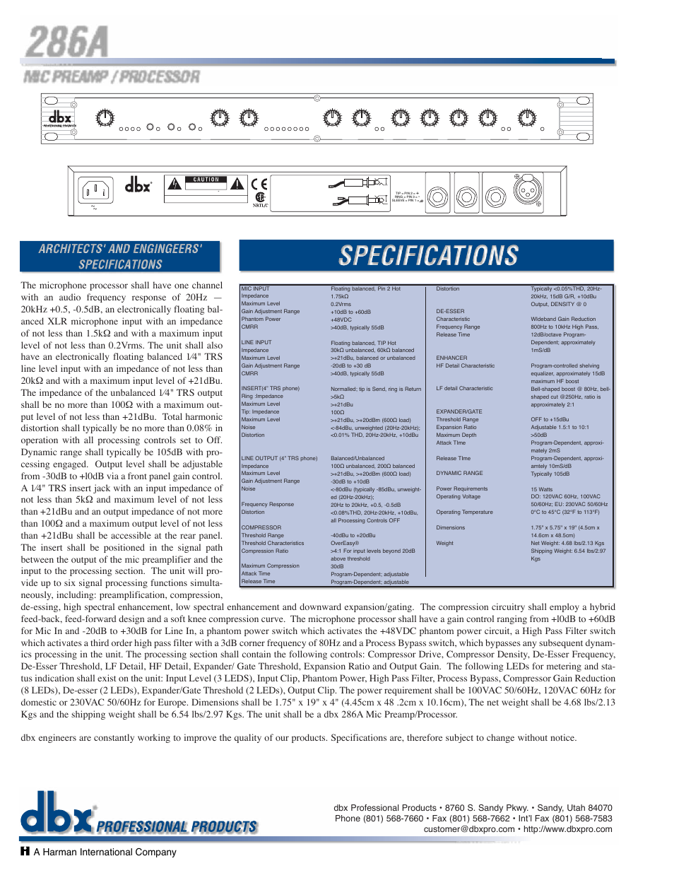 286a, Mic preamp / processor, For more information contact | A harman international company | dbx Pro 286A User Manual | Page 2 / 2