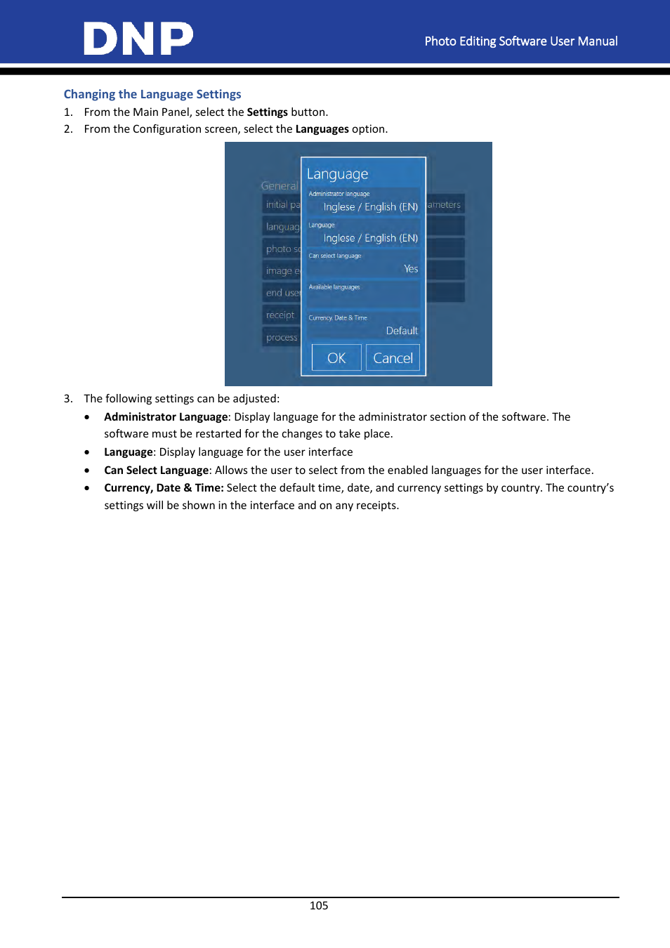 Changing the language settings | DNP DS-Tmini Kiosk Order Terminal User Manual | Page 105 / 194