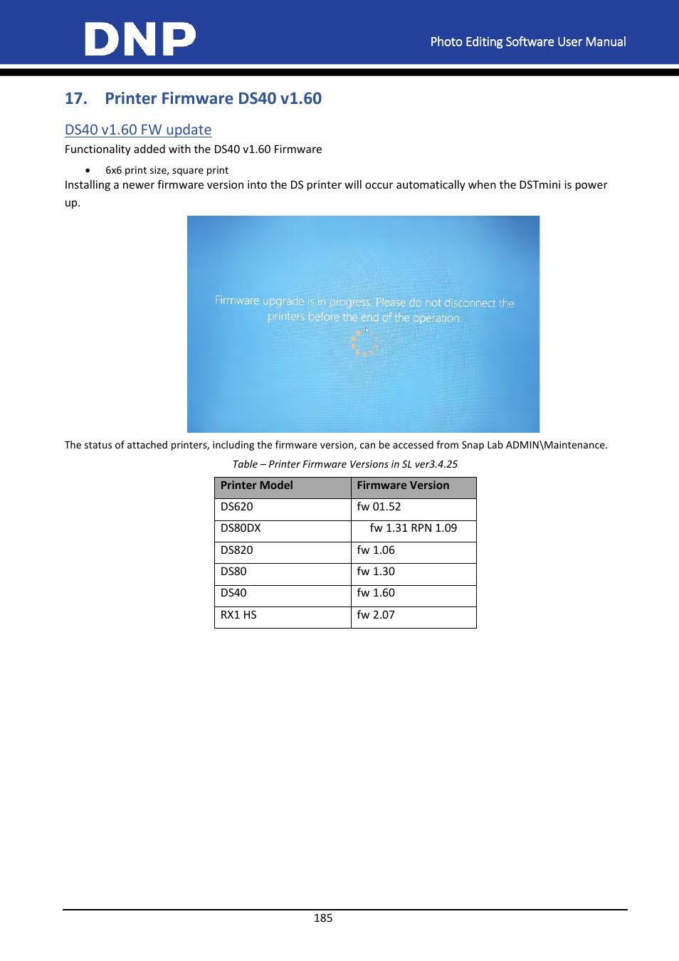 Printer firmware ds40 v1.60, Ds40 v1.60 fw update | DNP DS-Tmini Kiosk Order Terminal User Manual | Page 185 / 194