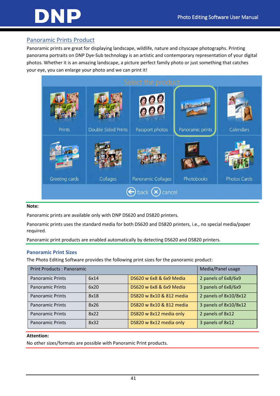 Panoramic prints product, Panoramic print sizes | DNP DS-Tmini Kiosk Order Terminal User Manual | Page 41 / 194