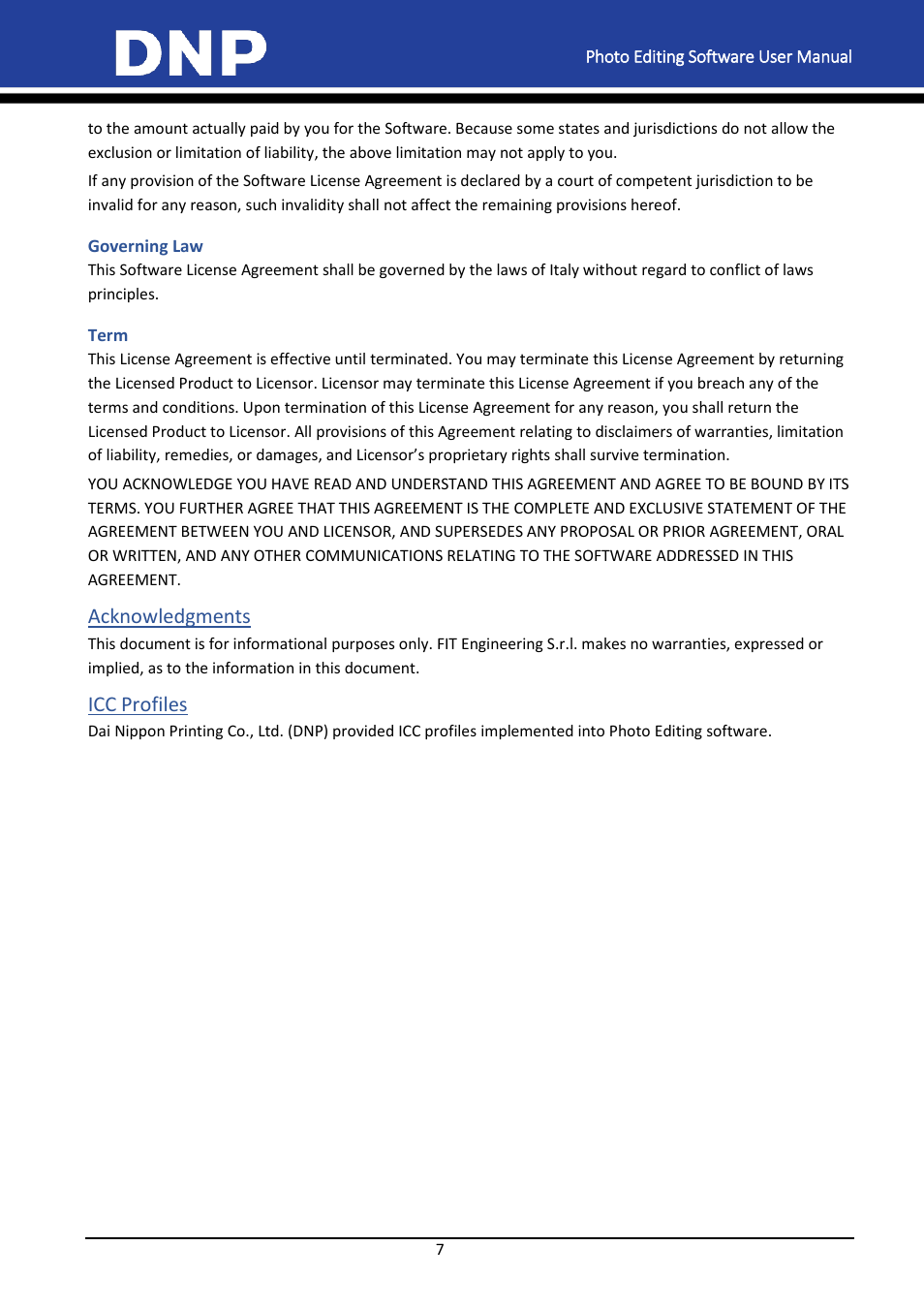 Governing law, Term, Acknowledgments | Icc profiles, Acknowledgments icc profiles | DNP DS-Tmini Kiosk Order Terminal User Manual | Page 7 / 194