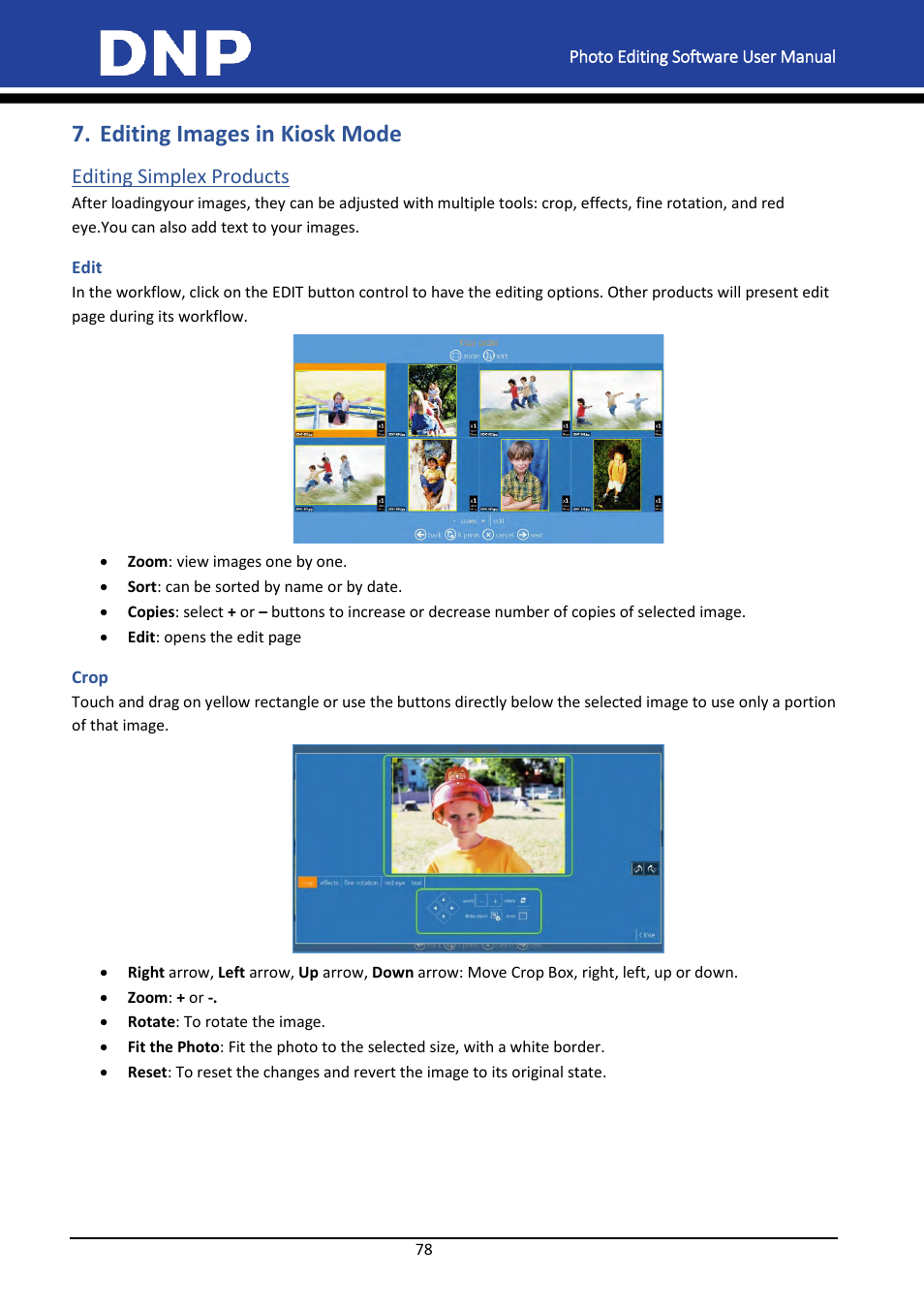 Editing images in kiosk mode, Editing simplex products, Edit | Crop | DNP DS-Tmini Kiosk Order Terminal User Manual | Page 78 / 194