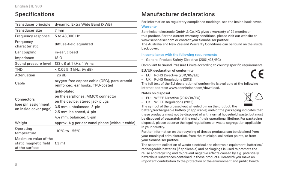 Specifications, Manufacturer declarations | Sennheiser IE 900 In-Ear Headphones User Manual | Page 12 / 86