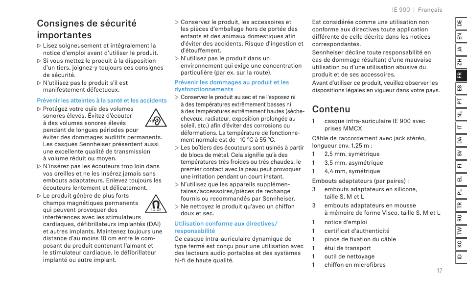 Consignes de sécurité importantes, Contenu | Sennheiser IE 900 In-Ear Headphones User Manual | Page 21 / 86