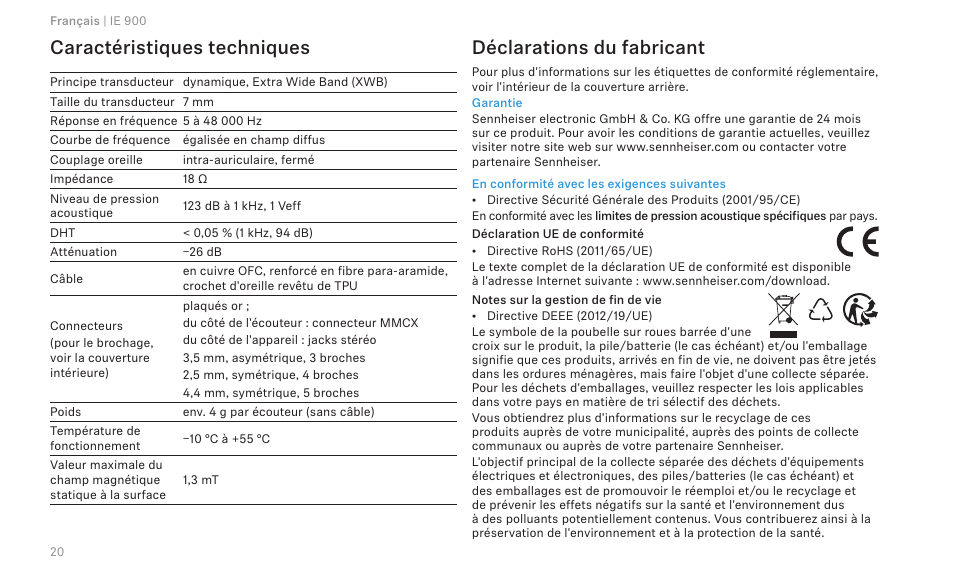 Caractéristiques techniques, Déclarations du fabricant | Sennheiser IE 900 In-Ear Headphones User Manual | Page 24 / 86