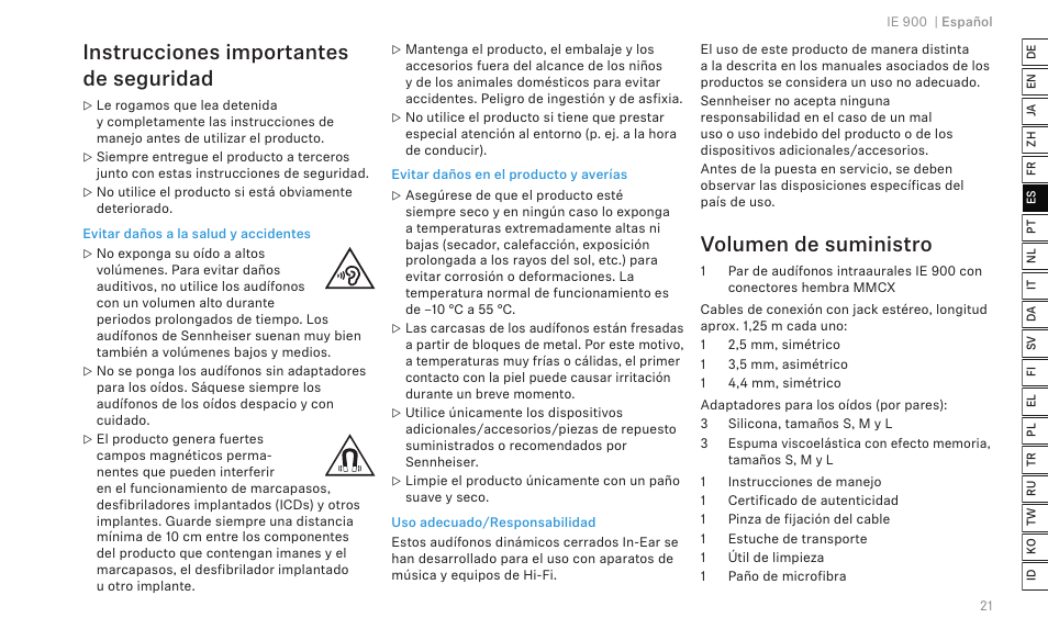 Instrucciones importantes de seguridad, Volumen de suministro | Sennheiser IE 900 In-Ear Headphones User Manual | Page 25 / 86