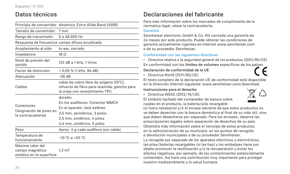 Datos técnicos, Declaraciones del fabricante | Sennheiser IE 900 In-Ear Headphones User Manual | Page 28 / 86