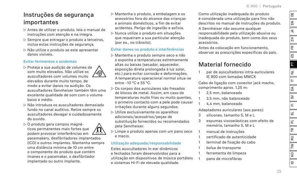 Instruções de segurança importantes, Material fornecido | Sennheiser IE 900 In-Ear Headphones User Manual | Page 29 / 86