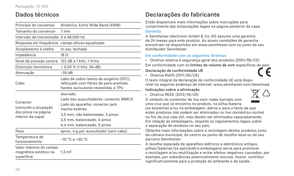 Dados técnicos, Declarações do fabricante | Sennheiser IE 900 In-Ear Headphones User Manual | Page 32 / 86