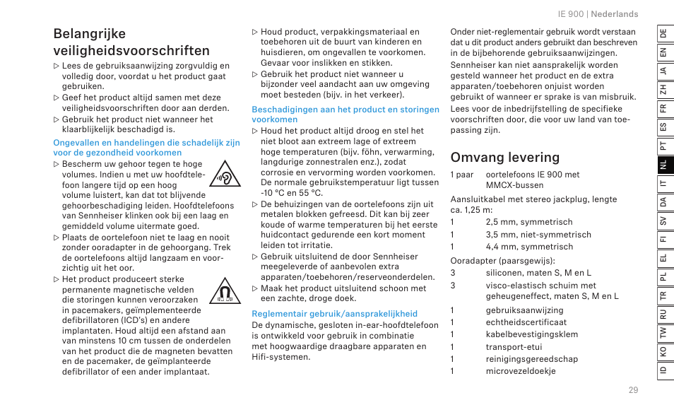 Belangrijke veiligheidsvoorschriften, Omvang levering | Sennheiser IE 900 In-Ear Headphones User Manual | Page 33 / 86