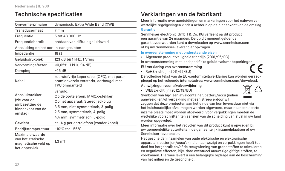 Technische specificaties, Verklaringen van de fabrikant | Sennheiser IE 900 In-Ear Headphones User Manual | Page 36 / 86
