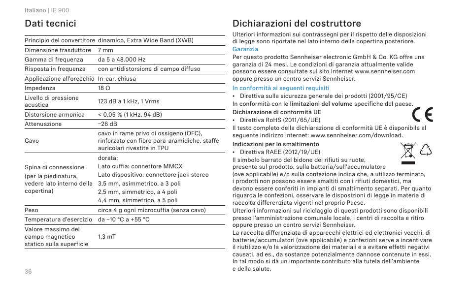 Dati tecnici, Dichiarazioni del costruttore | Sennheiser IE 900 In-Ear Headphones User Manual | Page 40 / 86