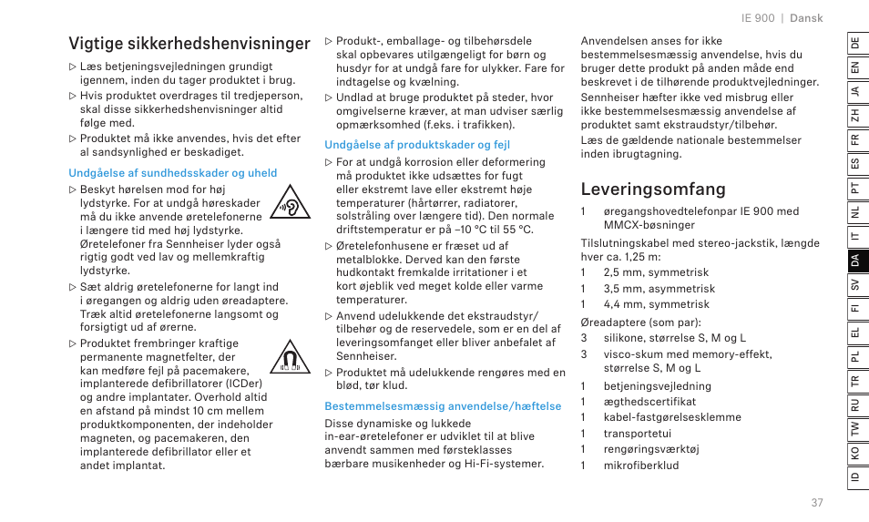 Vigtige sikkerhedshenvisninger, Leveringsomfang | Sennheiser IE 900 In-Ear Headphones User Manual | Page 41 / 86