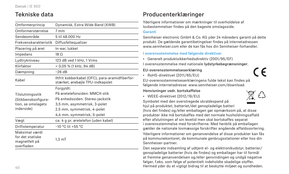 Tekniske data, Producenterklæringer | Sennheiser IE 900 In-Ear Headphones User Manual | Page 44 / 86