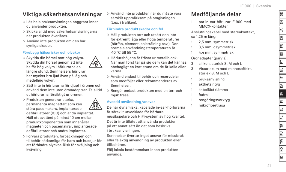 Viktiga säkerhetsanvisningar, Medföljande delar | Sennheiser IE 900 In-Ear Headphones User Manual | Page 45 / 86