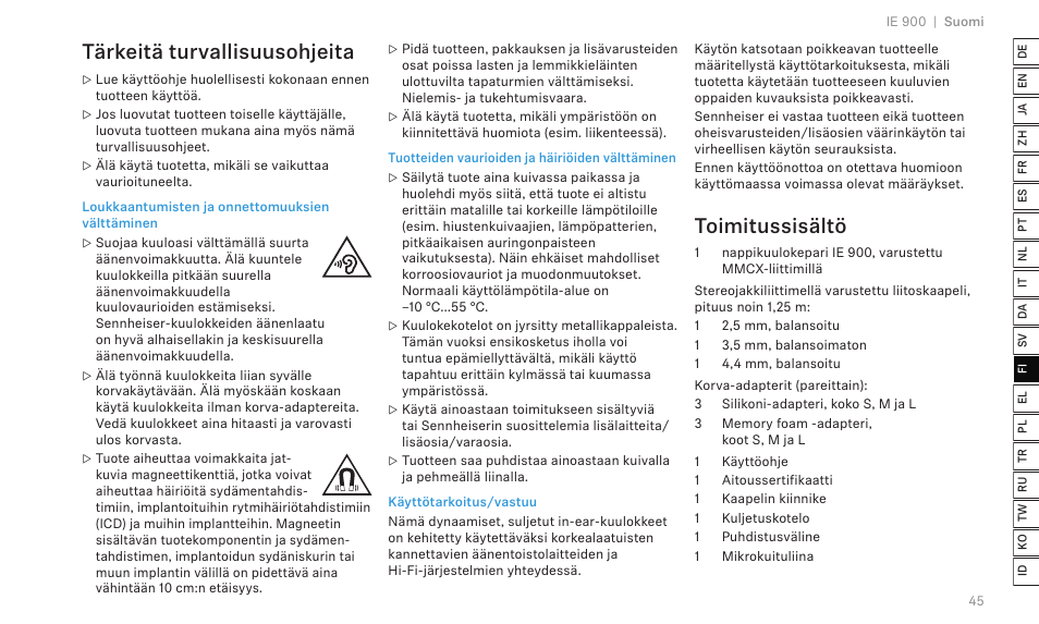 Tärkeitä turvallisuusohjeita, Toimitussisältö | Sennheiser IE 900 In-Ear Headphones User Manual | Page 49 / 86
