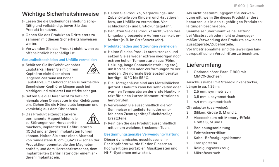 Wichtige sicherheitshinweise, Lieferumfang | Sennheiser IE 900 In-Ear Headphones User Manual | Page 5 / 86