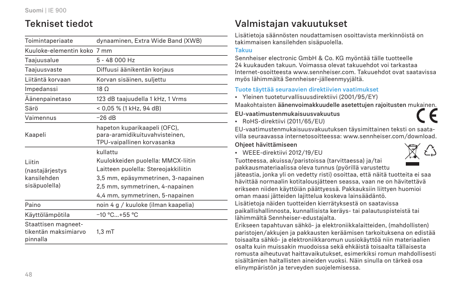 Tekniset tiedot, Valmistajan vakuutukset | Sennheiser IE 900 In-Ear Headphones User Manual | Page 52 / 86