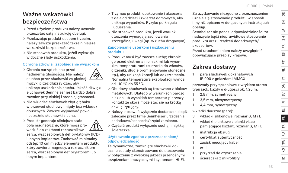 Ważne wskazówki bezpieczeństwa, Zakres dostawy | Sennheiser IE 900 In-Ear Headphones User Manual | Page 57 / 86