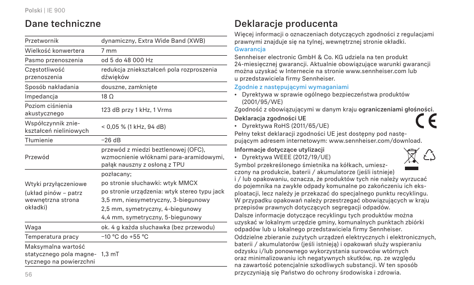 Dane techniczne, Deklaracje producenta | Sennheiser IE 900 In-Ear Headphones User Manual | Page 60 / 86