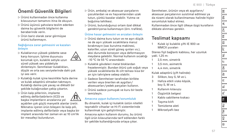 Önemli güvenlik bilgileri, Teslimat kapsamı | Sennheiser IE 900 In-Ear Headphones User Manual | Page 61 / 86