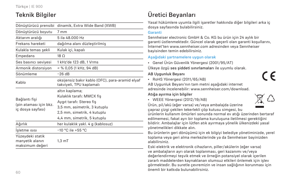 Teknik bilgiler, Üretici beyanları | Sennheiser IE 900 In-Ear Headphones User Manual | Page 64 / 86