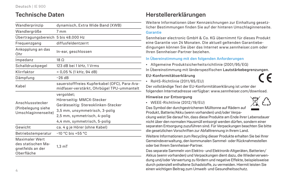Technische daten, Herstellererklärungen | Sennheiser IE 900 In-Ear Headphones User Manual | Page 8 / 86