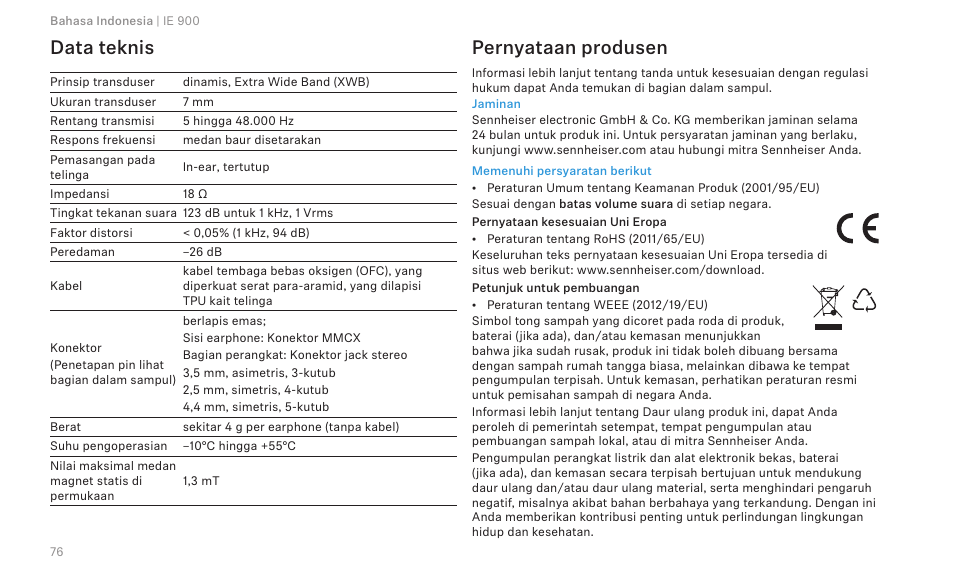 Data teknis, Pernyataan produsen | Sennheiser IE 900 In-Ear Headphones User Manual | Page 80 / 86