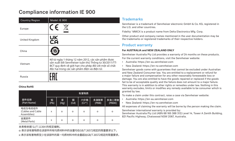 Compliance information ie 900, Trademarks, Product warranty | Sennheiser IE 900 In-Ear Headphones User Manual | Page 85 / 86
