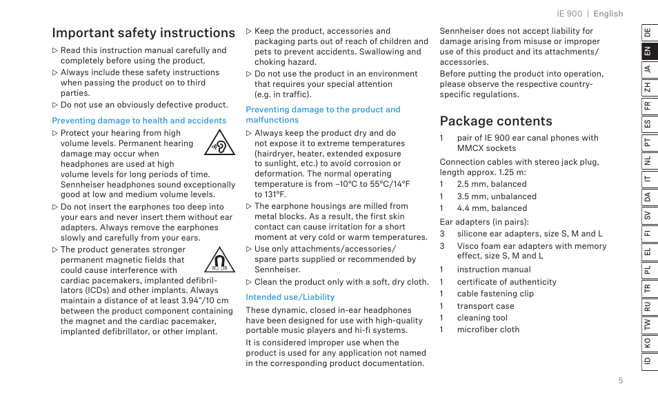 Important safety instructions, Package contents | Sennheiser IE 900 In-Ear Headphones User Manual | Page 9 / 86