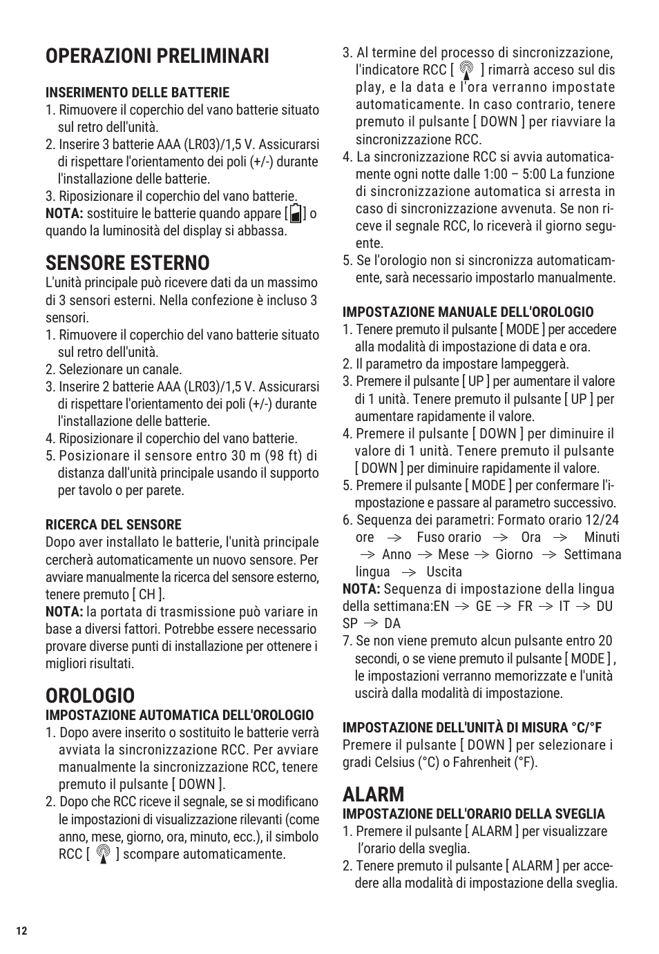 Operazioni preliminari, Sensore esterno, Orologio | Alarm | Explore Scientific Weather Station with Three Wireless Sensors User Manual | Page 12 / 44