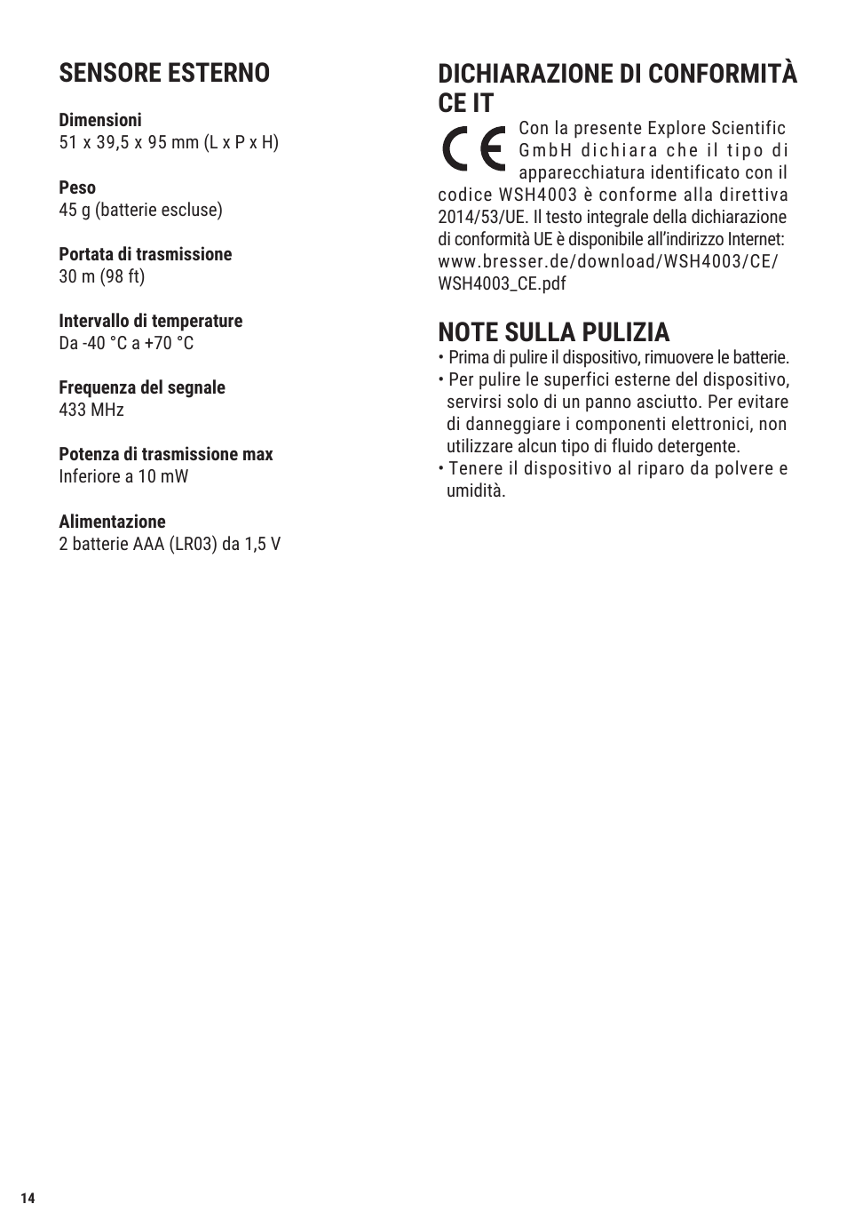 Dichiarazione di conformità ce it, Sensore esterno | Explore Scientific Weather Station with Three Wireless Sensors User Manual | Page 14 / 44