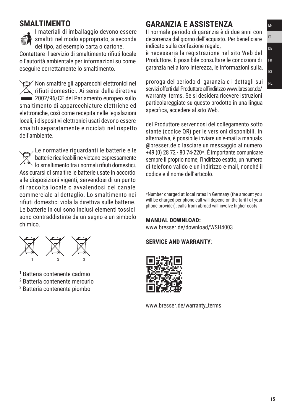 Smaltimento, Garanzia e assistenza | Explore Scientific Weather Station with Three Wireless Sensors User Manual | Page 15 / 44