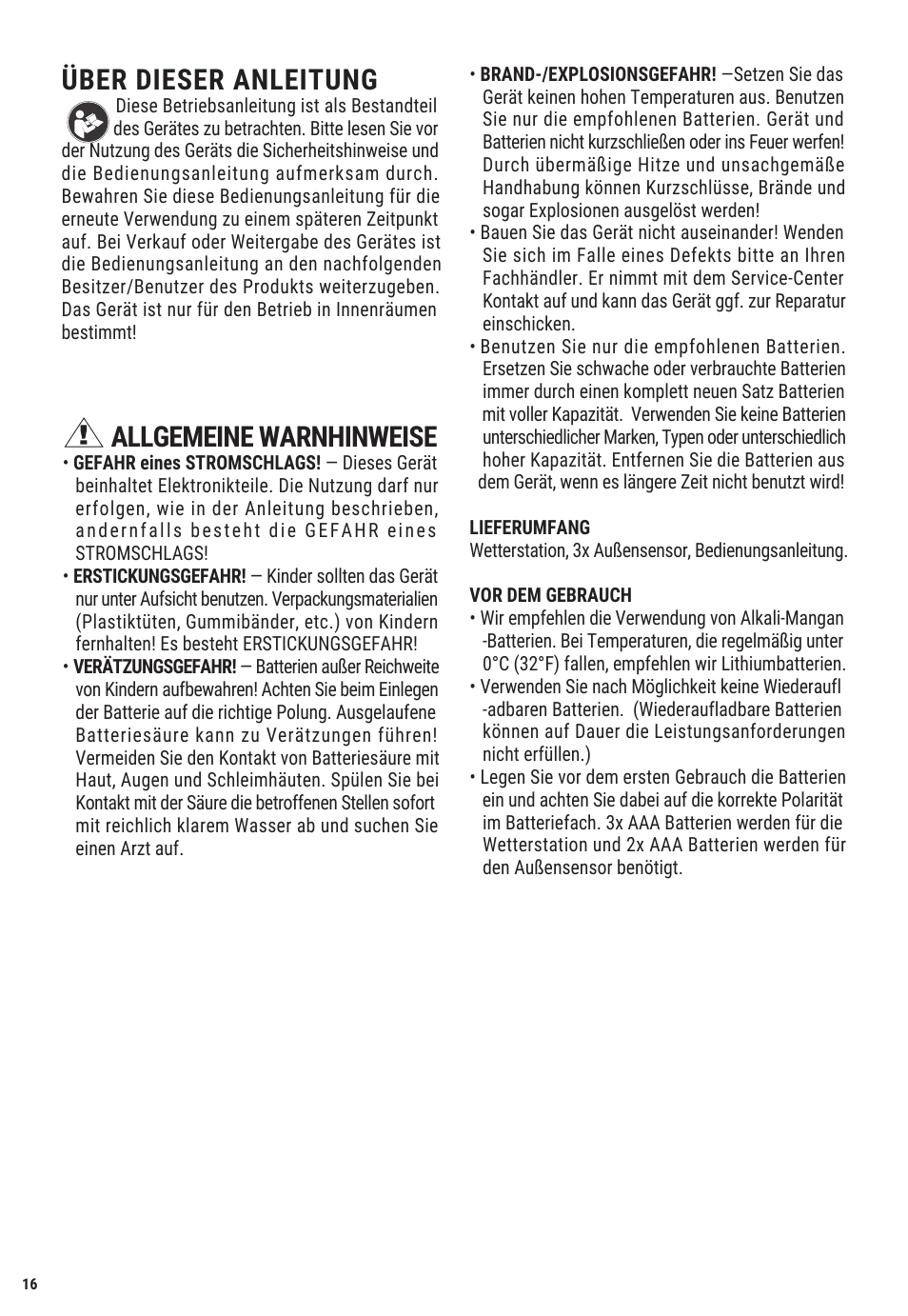 Allgemeine warnhinweise, Über dieser anleitung | Explore Scientific Weather Station with Three Wireless Sensors User Manual | Page 16 / 44