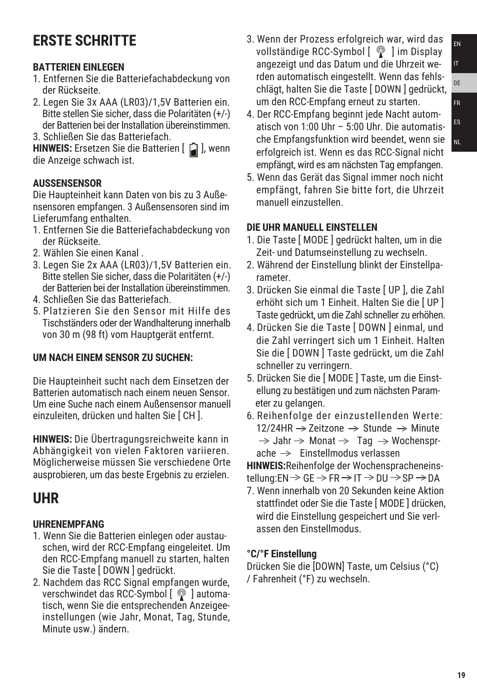 Erste schritte | Explore Scientific Weather Station with Three Wireless Sensors User Manual | Page 19 / 44